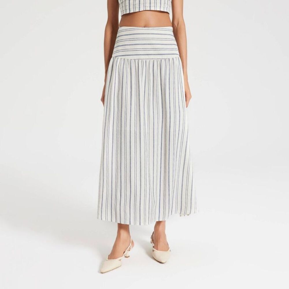 Women's Pleated Curved Yoke Maxi A-Line Skirt - Navy/Cream/White Striped 0